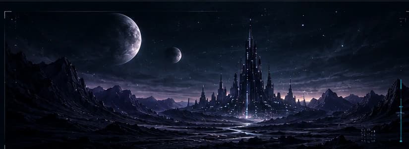 Dark futuristic landscape with moons and a distant city